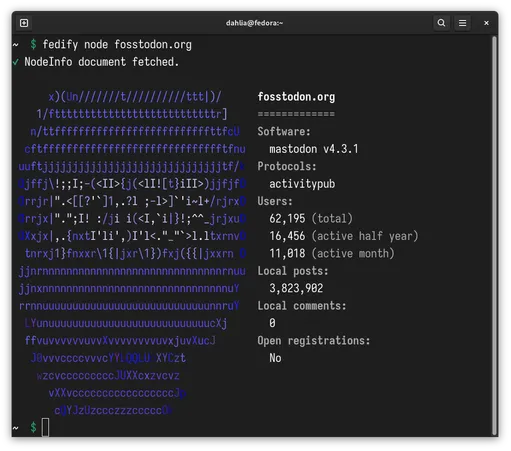 The result of fedify lookup fosstodon.org. The NodeInfo document is visualized along with the favicon.