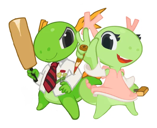 The KDE dragons are ready for Halloween! Konqi is Shaun from "Shaun of the Dead" and Katie is Buffy, the Mighty Vampyre Slayer.