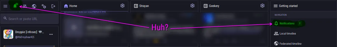 Snippet of my Mastodon #AdvancedWebInterface 5-column view, showing in two places that i have pending Notifications. 