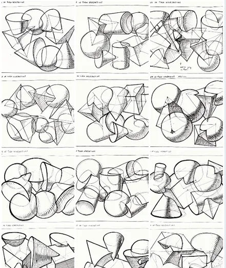 a 4 by 3 grid of pages with drawings of intersecting geometric forms in black ink