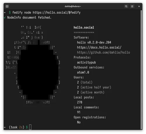 The result of fedify node https://hollo.social/@fedify command. The NodeInfo document is visualized along with the favicon.