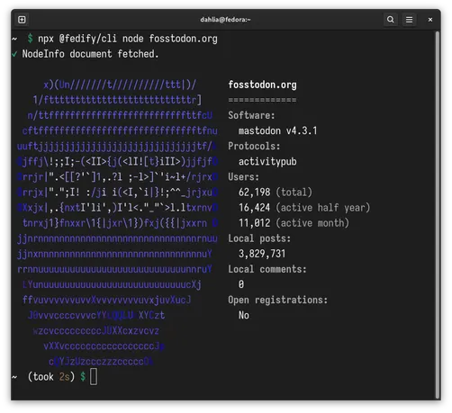 The output of the fedify node command for fosstodon.org.