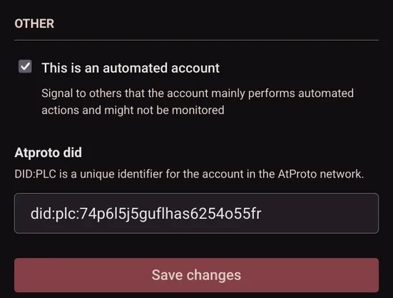 Mobile screenshot of mastodon profile settings page. Right under the "this is an automated account setting" there is a setting called Atproto did, 'did:plc is a unique identifier for the account in the atproto network' 
In the text field the did:plc value from my @ohgo@tomkahe.com account