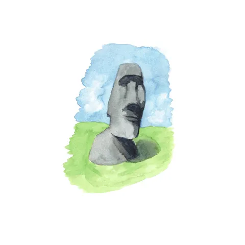 watercolour doodle of a moai statue. 