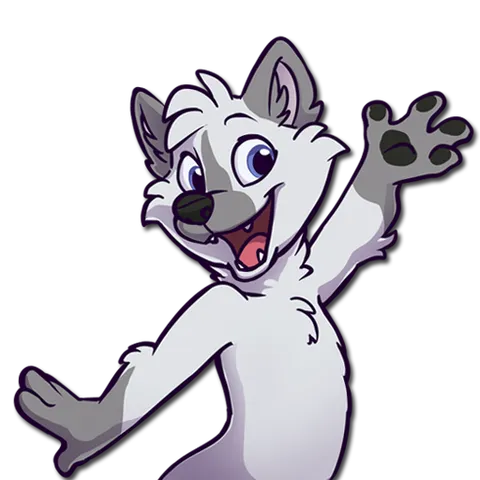 My arctic fox fursona smiling broadly and waving hello