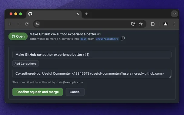 GitHub interface with the new "Add Co-authors" button and the extra textarea with these co-authors