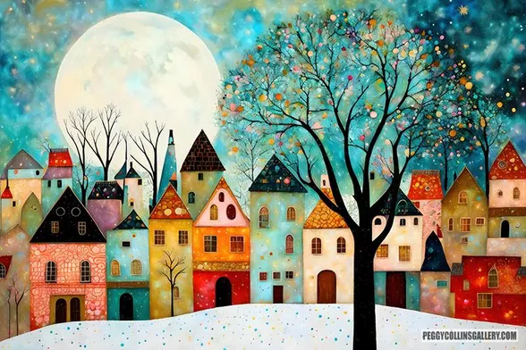 Artwork of a whimsical village in winter with a full moon whining overhead and snow in the foreground, by artist Peggy Collins.