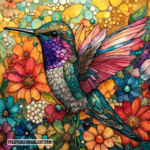 Colorful artwork of a hummingbird surrounded by flowers and an abstract background, with tiny pearls and gems of turquoise, amethyst and carnelian, by artist Peggy Collins.