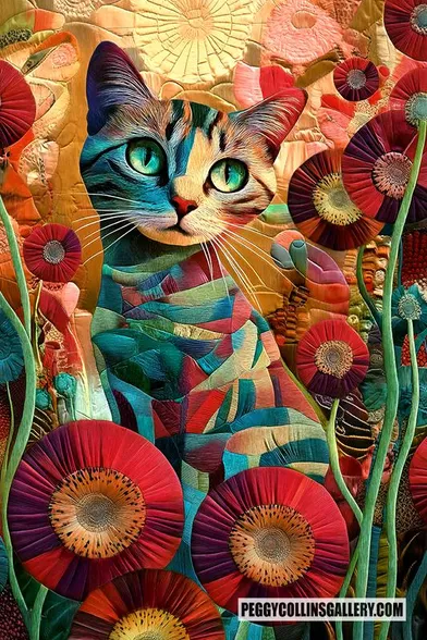 Colorful artwork of a cat and abstract flowers with a 3D quilted effect, by artist Peggy Collins.