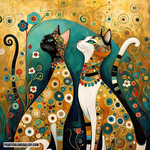 Colorful Gustav Klimt-inspired artwork of two cats with an abstract floral background in colors of gold and turquoise, by artist Peggy Collins.