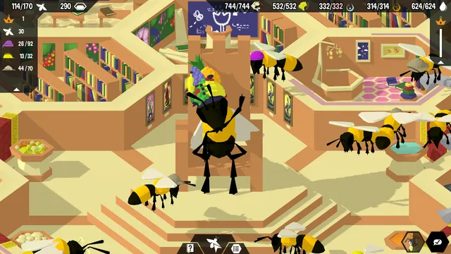 A screenshot of my bee-themed management sim Hive Time, zoomed in on a Queen, who is wearing a fruit hat and waving at the player