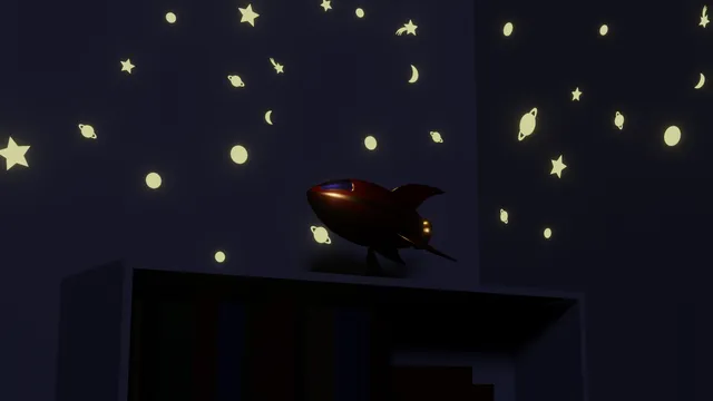 A render of a 3D scene showing a retro styled model rocket ship sitting on a bookshelf below a wall covered in glow-in-the-dark stars and planets