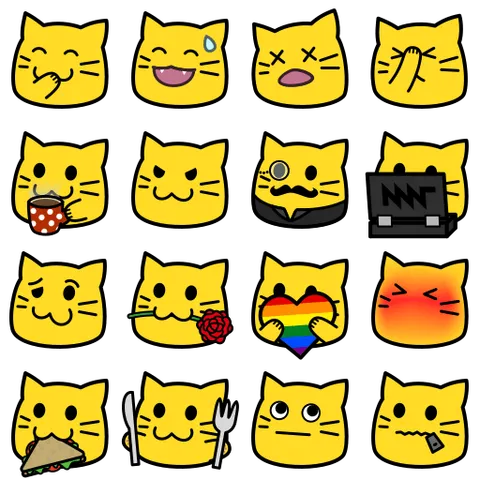 A sample of 16 blobcats from the aforementioned pack. They are a sort of yellow, blob-shaped lumps, each with a pair of cat ears, eyes, whiskers, and the usual cat mouth shaped like the number 3. They look kinda silly and cute, if you ask me!