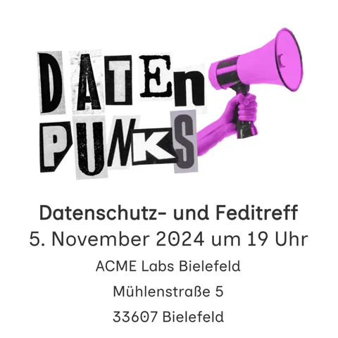 Datenschutz- und Feditreff am 5. November, 19 Uhr in den ACME Labs in der Mühlenstraße 5 in Bielefeld 