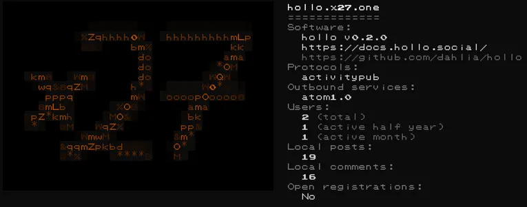 console output for fedify node hollo.x27.one
on the left, an ascii art version of the orange on black x27 server icon
on the right, information

Software:
  hollo v0.2.0
  https://docs.hollo.social/
  https://github.com/dahlia/hollo
Protocols:
  activitypub
Outbound services:
  atom1.0
Users:
  2 (total)
  1 (active half year)
  1 (active month)
Local posts:
  19
Local comments:
  16
Open registrations:
  No
