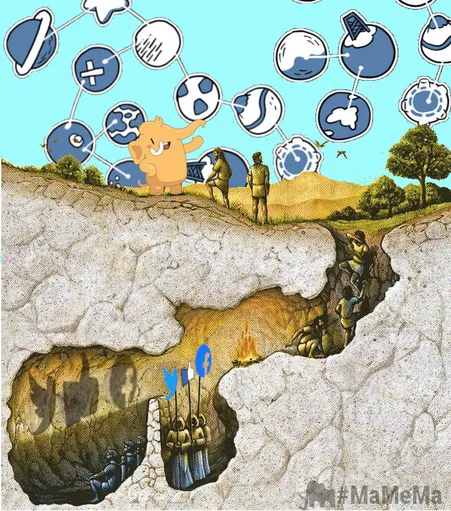 platos cave
people trapped in the cave are shown logo shapes of twitter "like" and facebook

those who escape the cave find a sky filled with a planet-analogy (oh the irony) fediverse and a mastodon mascot 