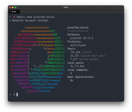 The terminal screen of the output of the `fedify node pixelfed.social` command:

pixelfed.social
===============
Software:
  pixelfed v0.12.3
Protocols:
  activitypub
Users:
  124,264 (total)
  22,376 (active half year)
  7,212 (active month)
Local posts:
  35,773,844
Local comments:
  0
Open registrations:
  No