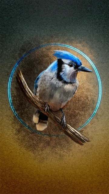 Illustrated phone wallpaper of a Bluejay, perched on a branch looking to the right. Behind the bird is a paper texture with a dark teal blue gradient at the top and a golden brown gradient at the bottom.  Surrounding the bird is crosshatching and a double-halo of blue light.