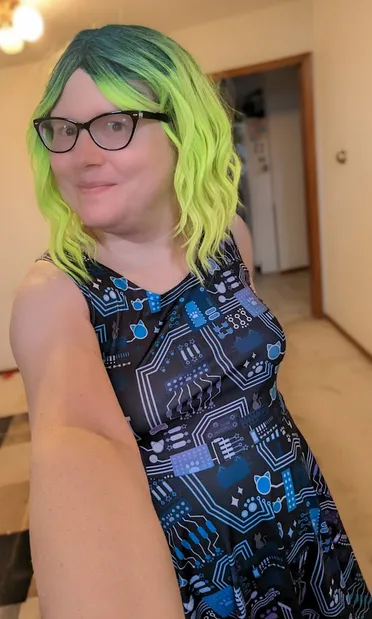 Ten, a transgender woman with green hair, wearing black framed glasses and a blue dressed adorned with a circuit pattern with hidden cats over it. 