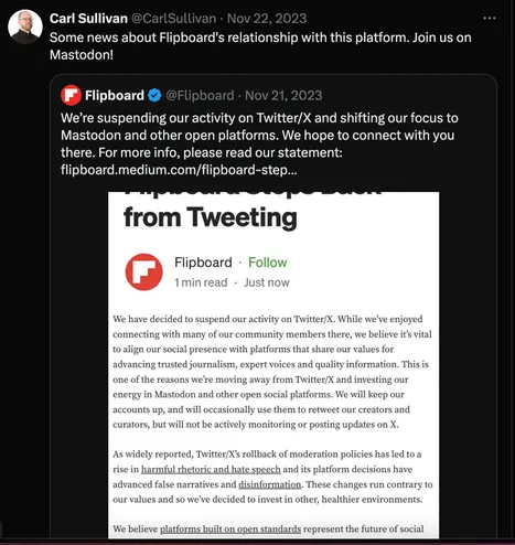 Screenshot of Flipboard post explaining why the company suspended its activity on X (Twitter).