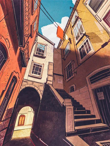 Illustration of an alleyway in Lisbon with colorful buildings surrounding the narrow passage through.