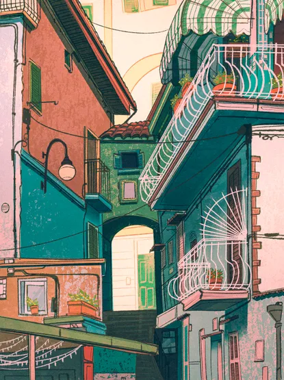 Illustration of a chaotic and disorganized grouping of buildings in Vietri Sul Mare, Italy.