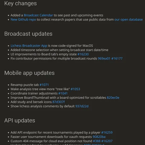 Screenshot of Lichess November 2024 changelog