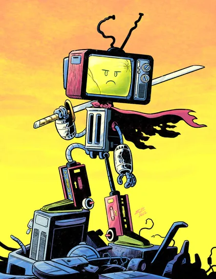 A brightly coloured illustration of a determined looking robot with a CRT TV for a head, a toaster for a body, and oversized Walkmans for lower legs. It is wearing a tattered cape, holding a sword, and standing on a pile of broken electronics and other junk.