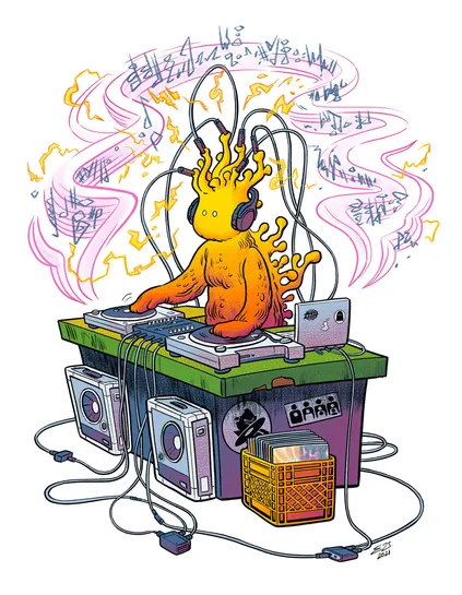 An illustration of an anthropomorphic fungus DJ, resembling enoki mushrooms or cordyceps fungus, wearing headphones and mixing records on two turntables. He has several electrodes hooked to his fungal protrusions which are creating noise that he is mixing into his set. Several stickers depicting EDM labels can be seen, including Ninja Tune, Clone, Warp Records, and Ghostly International.