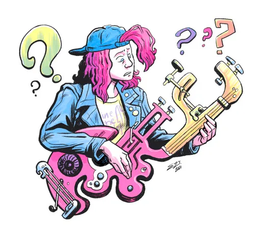 A brightly coloured illustration of a woman with pink hair wearing a backwards baseball cap and denim jacket, holding a strange guitar-like object and trying to make sense of it.