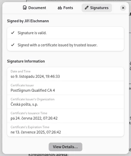 A window with details about a certificate which was used to sign the document.