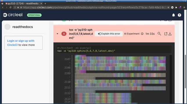 A screenshot of a browser with CircleCI results open. A log fragment with failure is visible, except that there are colorful bars instead of text. On top there's a "Explain this error" button with "AI Experiment" next to it.