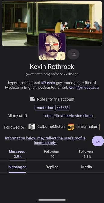 Image of being blocked by Kevin Rothrock on Mastodon 