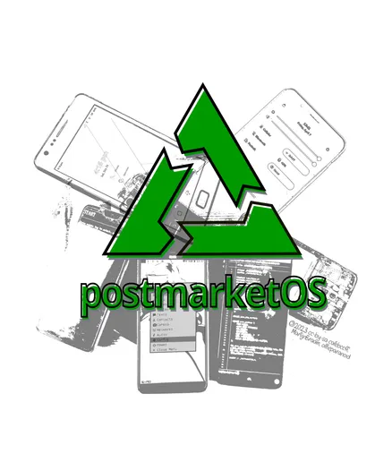 The postmarketOS logo on top of a bunch of phones, displaying various UIs.