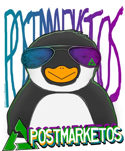 A penguin wearing sunglasses. One of the glasses has a small postmarketOS logo. The background says "postmarketOS" in what looks a bit like hard to read graffiti font. And to make sure you really don't miss what this shirt is about, below the penguin it also says "postmarketOS" next to the postmarketOS logo.