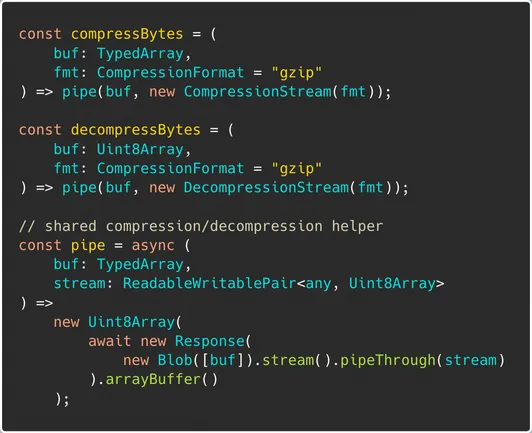 TypeScript source code:

```
const compressBytes = (
	buf: TypedArray,
	fmt: CompressionFormat = "gzip"
) => pipe(buf, new CompressionStream(fmt));

const decompressBytes = (
	buf: Uint8Array,
	fmt: CompressionFormat = "gzip"
) => pipe(buf, new DecompressionStream(fmt));

// shared compression/decompression helper
const pipe = async (
	buf: TypedArray,
	stream: ReadableWritablePair<any, Uint8Array>
) =>
	new Uint8Array(
		await new Response(
			new Blob([buf]).stream().pipeThrough(stream)
		).arrayBuffer()
	);
```