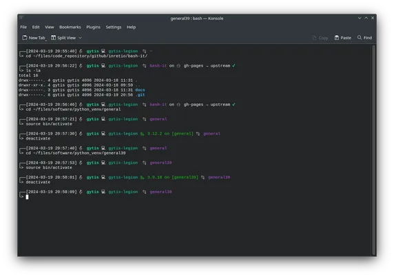 Inretio theme for Bash-it - shell configuration and prompt customization framework. Showing KDE terminal application Konsole with prompt styled with my theme: timestamp, penguin emoji, username, computer name, current folder are shown along with Python and Python version and venv name, as well as Git branch and status