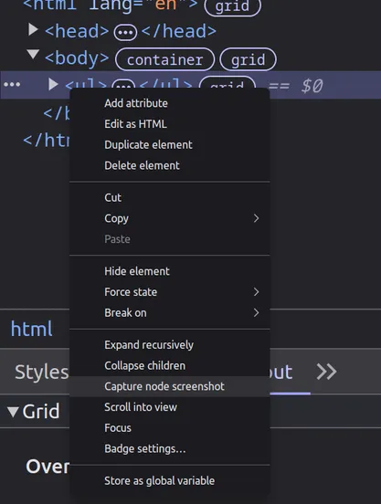 Screenshot of Chrome DevTools after right clicking a node. In the menu that pops up, "Capture node screenshot" is highlighted.