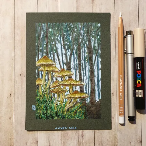 A colour landscape drawing of a forest with a patch of yellow and pale brown mushrooms to suit cottagecore or forestcore styles.
An original art work
Colour pencil and mixed media on acid free toned artist paper
5 by 7 inches