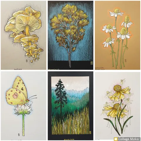 A photo collage of some of my artworks with a theme of yellow.  A cluster of yellow mushrooms, a golden autumn tree, chamomile flowers, a yellow butterfly, a landscape with a golden field in the foreground and yellow hellenium flowers. 