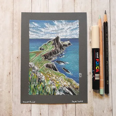 Original drawing - Neist Point, Isle of Skye
A colour drawing of Neist point on the Isle of Skye. Craggy cliffs over the sea, with a lighthouse at the tip of the land.
Materials: colour pencil, mixed media, acid free grey pastel paper
Width: 5 inches
Height: 7 inches