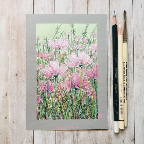 Original drawing - A Patch of Pink Cosmos
A drawing of a flowerbed filled with pink cosmos. The palette for this artwork is mostly green and pink. 
Materials: colour pencil, mixed media, acid free grey pastel paper
Width: 5 inches
Height: 7 inches