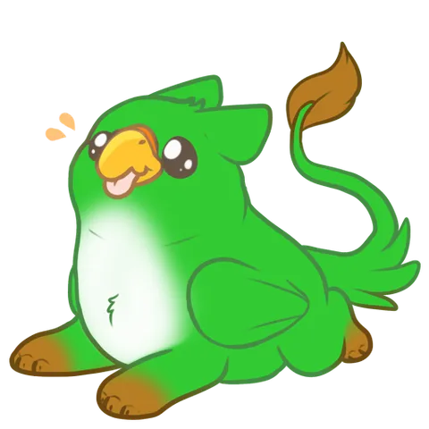 a transparent digital drawing of a small green gryphon with its tongue sticking out