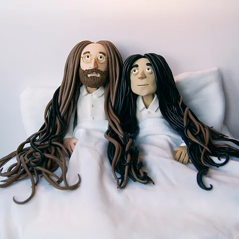 My clay interpretations of John Lennon and Yoko Ono situated in a white bed and the illustration was used as an official one-off cover for Imagine for the Secret 7" art project