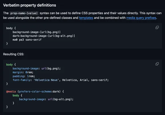 Screenshot of the linked section of the thi.ng/meta-css readme.