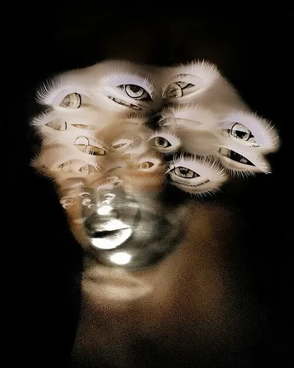 A distorted figure with many eyes over lapping on a black background 