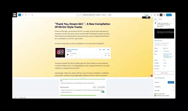 A screen recording showing a blog post being composed in WordPress. The user shows a new feature that allows you to see how your post will appear in the fediverse (ie on Mastodon or other federated platforms). The video also demonstrates previews of how the post will appear on mobile and other devices too. 