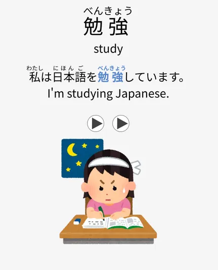 A Kaishi flash card (Anki screenshot):

勉強
study

私は日本語を勉強しています。
I'm studying Japanese.

<Illustration of a diligent student at a desk with a textbook, pencil, and eraser, at night.>