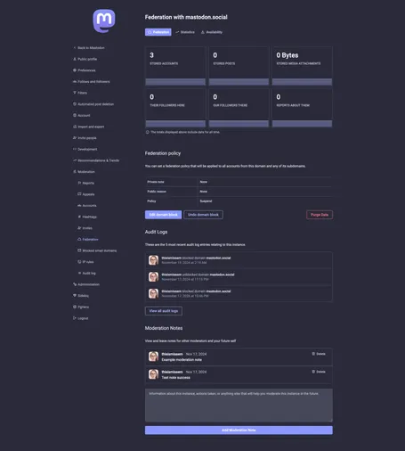 Screenshot of the WIP new instance details screen in the Mastodon Moderation Tools. It now has tabs at the top for Federation, Statistics, and Availability, instead of showing all that information on the one screen.

This does also show the ability to add Moderation Notes on Instances, which is a separate change that I’m working on.