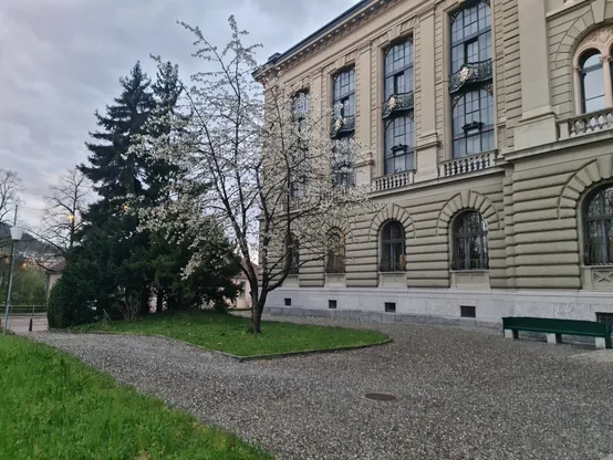 Front entrance (left-hand side) of the Swiss Federal Archives in Bern, Switzerland. We can see a couple of trees.